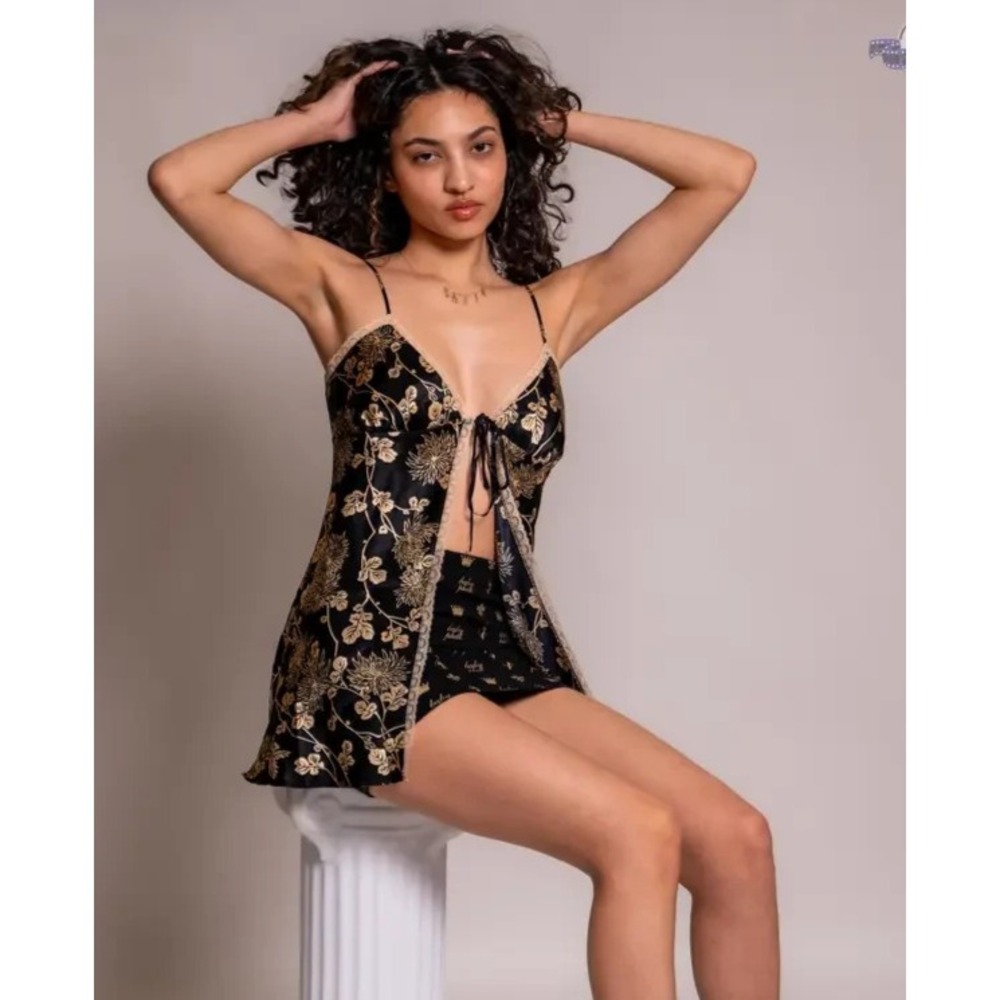 Victorias Secret Mini Slip Dress Open Tie Front Black Floral Satin Lace Sz S Y2K - Picture 5 of 11